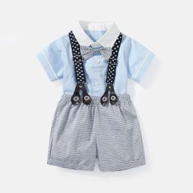 Baby Boy Solid Color Single Breasted Design Onesies With Bow Tie Combo Striped Overalls Shorts Sets - 66 (3-6M) - Blue