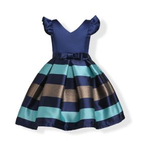 Baby Girl Striped Pattern V-Neck Western Style Formal Dress - 120 (5-7Y) - Blue