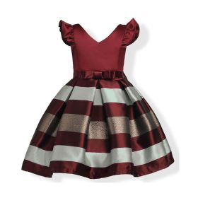 Baby Girl Striped Pattern V-Neck Western Style Formal Dress - 130 (7-8Y) - Red