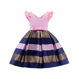 Baby Girl Striped Pattern V-Neck Western Style Formal Dress - 140 (8-10Y) - Pink