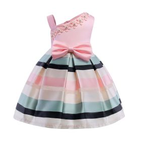 Baby Girl Floral Patched Pattern Striped Tutu Princess Dress One Shoulder Dress - 140 (8-10Y) - Light Pink