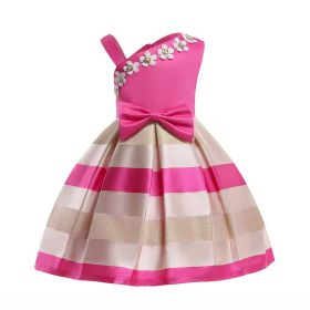 Baby Girl Floral Patched Pattern Striped Tutu Princess Dress One Shoulder Dress - 120 (5-7Y) - Pink