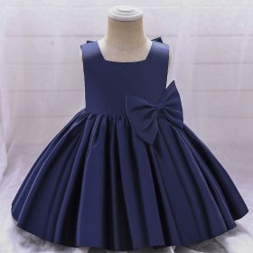 Baby Girl Solid Color Bow Patched Design Sleeveless Western Style Satin Dress - 90 (12-24M) - Navy Blue (Dark Blue)