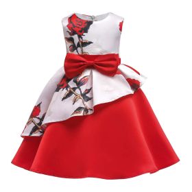 Baby Girl Floral Pattern Bow Tie Princess Tutu Dress Formal Dress - 120 (5-7Y) - Red