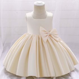 Baby Girl Solid Color Bow Patched Design Sleeveless Western Style Satin Dress - 73 (6-9M) - Apricot