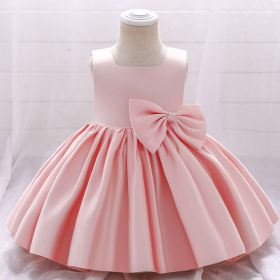 Baby Girl Solid Color Bow Patched Design Sleeveless Western Style Satin Dress - 73 (6-9M) - Light Pink