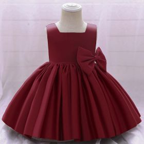 Baby Girl Solid Color Bow Patched Design Sleeveless Western Style Satin Dress - 73 (6-9M) - Red