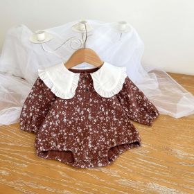 Baby Girl Floral Pattern Ruffle Lapel Design Bodysuit - 66 (3-6M) - Brown