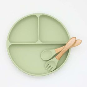 Baby Silicone Round Sucker Compartment Dinner Plate With Spoon Fork Sets - Average Size (0-8Y) - Green