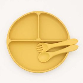 Baby Silicone Round Sucker Compartment Dinner Plate With Spoon Fork Sets - Average Size (0-8Y) - Yellow