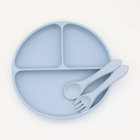 Baby Silicone Round Sucker Compartment Dinner Plate With Spoon Fork Sets - Average Size (0-8Y) - Blue