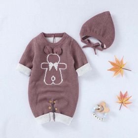 Baby Cartoon Bunny Embroidered Graphic Solid Warm Rompers With Hat - 90 (12-24M) - Coffee