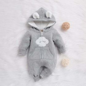 Baby Cartoon Cloud Pattern Zipper Front Solid Color Fleece Rompers With Hat - 80 (9-12M) - Grey