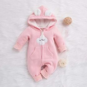 Baby Cartoon Cloud Pattern Zipper Front Solid Color Fleece Rompers With Hat - 110 (3-5Y) - Pink