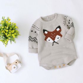 Baby Cartoon Fox Graphic Long Sleeves Triangle Knitted Romper Jumpsuit In Autumn - 73 (6-9M) - Grey