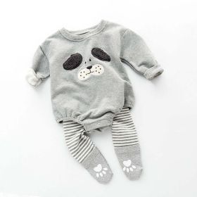 Baby Cartoon Pattern Long Sleeved Onesies Combo Striped Pantihose Sets - 80 (9-12M) - Grey