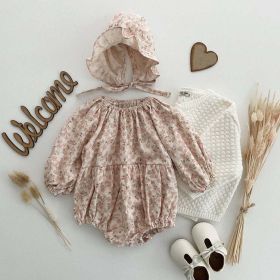 Baby Ditsy Flower Graphic Long Sleeves Flesh Style Cotton Bodysuit With Hat - 73 (6-9M) - Pink