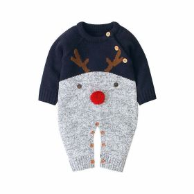 Baby Cartton Pattern Contrast Design Side Button Christmas Knitted Romper - 90 (12-24M) - Navy Blue