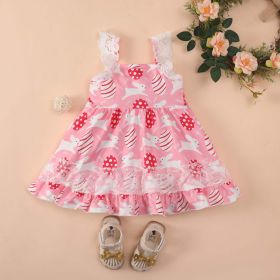 Baby Girl Rabbit & Egg Graphic Mesh Patchwork Design Sleeveless Dress - 110 (3-5Y) - Pink