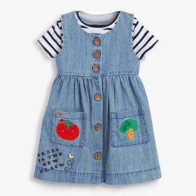 Baby Girl Cartoon Vegetable Embroidered Pattern Button Front Denim Vest Dress - 140 (8-10Y) - Blue