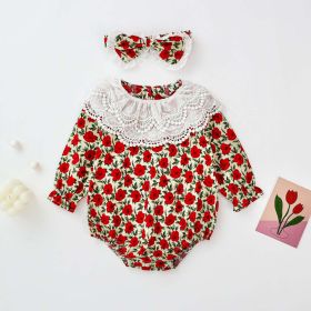 Baby Girl Flower Pattern Labeled Collar Design Long Sleeve Bodysuit - 90 (12-24M) - Red