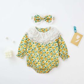 Baby Girl Flower Pattern Labeled Collar Design Long Sleeve Bodysuit - 90 (12-24M) - Yellow