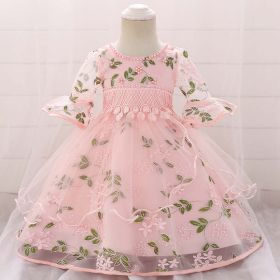 Baby Girl Embroidered Pattern Medium Sleeves One Year Old Tutu Formal Dress - 90 (12-24M) - Pink