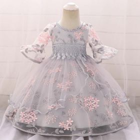 Baby Girl Embroidered Pattern Medium Sleeves One Year Old Tutu Formal Dress - 90 (12-24M) - Grey