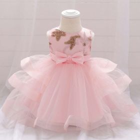 Baby Girl Sequins Patched Design Sleeveless Tutu Style Baptism Birthday Dress - 80 (9-12M) - Light Pink