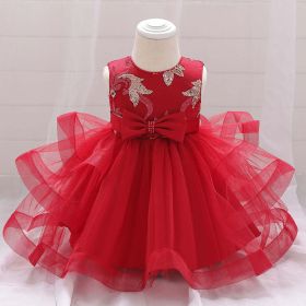 Baby Girl Sequins Patched Design Sleeveless Tutu Style Baptism Birthday Dress - 73 (6-9M) - Red