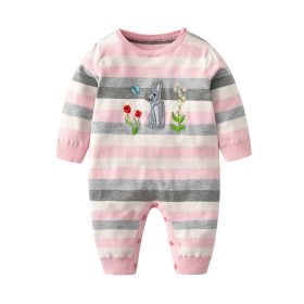 Baby Girl Pink Striped Pattern Embroidered Design Knitted Jumpsuit - 80 (9-12M) - Pink