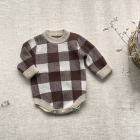 Baby Plaid Graphic Long Sleeve Crewneck Knit Thickened Onesies - 80 (9-12M) - Coffee