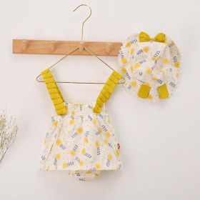 Baby Girl Floral Print Bow Decoration Design Sling Dress Onesies With Hat - 66 (3-6M) - Yellow