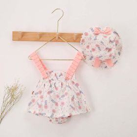 Baby Girl Floral Print Bow Decoration Design Sling Dress Onesies With Hat - 59 (0-3M) - Pink