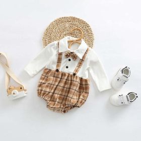 Baby Plaid Pattern False 1 Pieces Design Bow Tie Decoration Bodysuit - 80 (9-12M) - Brown