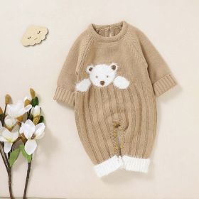 Baby Bear Jacquard Design Long Sleeve Cute Knitted Jumpsuits - 80 (9-12M) - Khaki