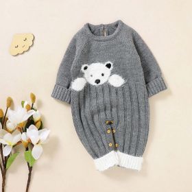 Baby Bear Jacquard Design Long Sleeve Cute Knitted Jumpsuits - 66 (3-6M) - Grey