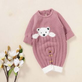 Baby Bear Jacquard Design Long Sleeve Cute Knitted Jumpsuits - 66 (3-6M) - Pink