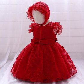 Baby Girl Solid Color Mesh Overlay Design Formal Baptism Birthday Gift Dress With Hat - 80 (9-12M) - Red