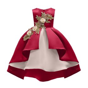 Baby Girl Flower Embroidered Pattern Vest Formal Dress Birthday Dress - 120 (5-7Y) - Red