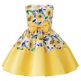 Baby Girl Flower Graphic Bow Patched Design Princess Screen Dress - 110 (3-5Y) - Yellow