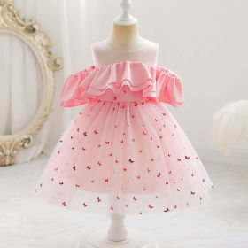 Baby Girl Sequin Patched Design Mesh Patchwork Formal Princess Dress - 130 (7-8Y) - Pink