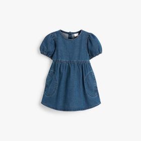 Baby Girl Solid Color Puff Sleeve Loose Denim Dress - 120 (5-7Y) - Blue