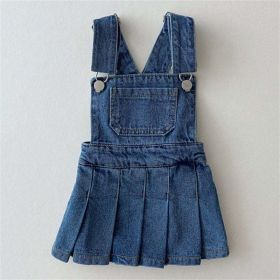 Baby Girl Denim Fabric Strap Design Pleated Dress Fashion Korean Style Dress - 130 (7-8Y) - Navy Blue (Dark Blue)