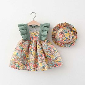 Baby Girl Flower Pattern Butterfly Sleeve Design Cute Dress With Hat - 90 (12-24M) - Green