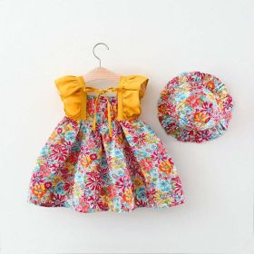 Baby Girl Flower Pattern Butterfly Sleeve Design Cute Dress With Hat - 100 (2-3Y) - Red