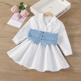 Baby Solid Color Waistband Patched Design Fashion Dress In Summer - 120 (5-7Y) - Blue