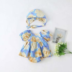 Baby Girls Floral Print Puff Sleeves Design Square Collar Onesies Dress In Summer With Hat - 80 (9-12M) - Blue