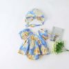 Baby Girls Floral Print Puff Sleeves Design Square Collar Onesies Dress In Summer With Hat - 66 (3-6M) - Blue