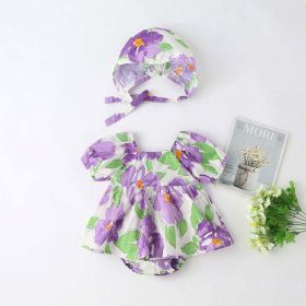 Baby Girls Floral Print Puff Sleeves Design Square Collar Onesies Dress In Summer With Hat - 80 (9-12M) - Purple